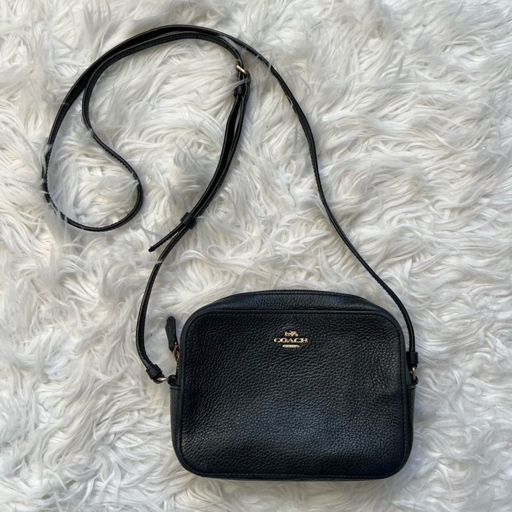 Coach Mini Camera Crossbody Shoulder Bag Black Pebble Leather